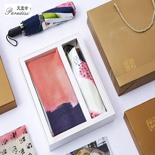 Gift Package Luxury Umbrella - Compact Light Anti UV Parasol with Silk Scarf for Women Sunny and Rainy Fashion Package Umbrella