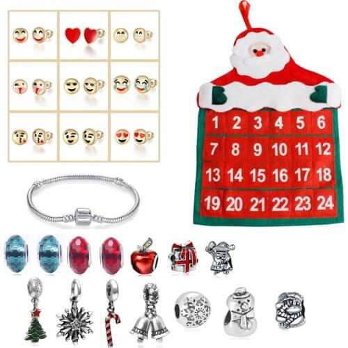 24 Days Pockets Christmas Xmas Advent Calendar DIY Charms Bracelet Beads Ear Studs Set Christmas Santa Claus Countdown Calendar