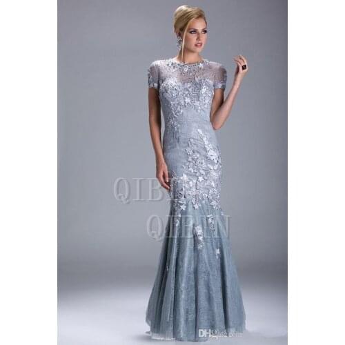 Sexy Silver Evening Dresses Short Sleeves Beaded Mermaid/Trumpet Mother Of The Bride Dresses Lace Prom Clothing W287