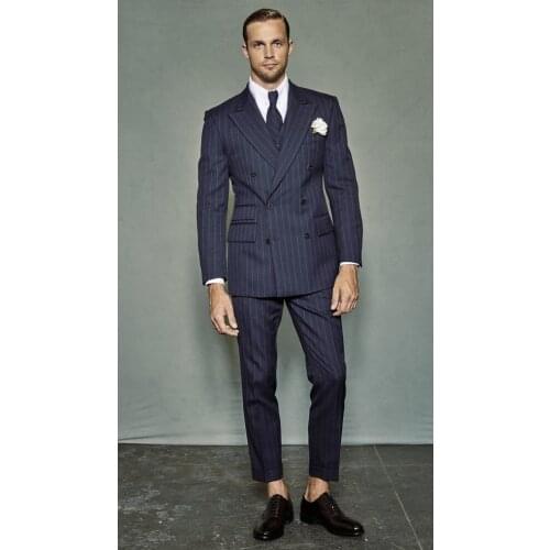 Groomsmen Navy Blue with White Stripe Groom Tuxedos Peak Lapel Men Suits 2 Pieces Wedding Best Man ( Jacket+Pants+Tie ) C610