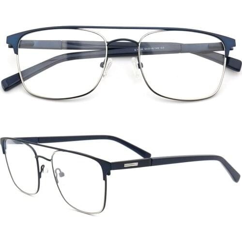Women Vintage Square Eyeglass Frames Men Business Prescription Glasses Frame Double Bridge Metal Spectacles Optical Eyewear Blue