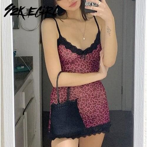 Y2K EGIRL 90s Steetwear Spaghetti Strap Leopard Lace Trim Camis Tops Punk Style V-neck Backless Bodycon Mini Dress Wild Party