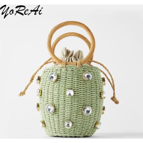 YoReAi 2021 New Fashion Handmade Rhinestone Crystal Embellished Straw Bag Small Straw Bucket Bags Lady Travel Purses and Handbag