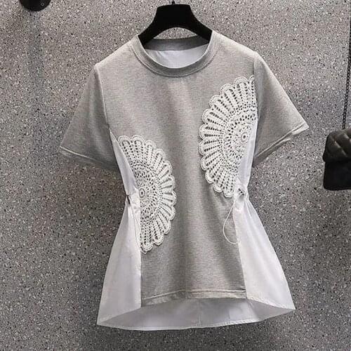 Oversized 4XL Lace Patchwork Chiffon Women T-Shirts Summer Slim Drawstring Office Lady Pulls Tops Tees