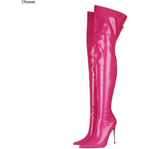 Olomm Women Winter Thigh Boots Patent Stiletto Heel Pointed Toe Gorgeous Red Fuchsia White Black Club Shoes Women US Size 5-13
