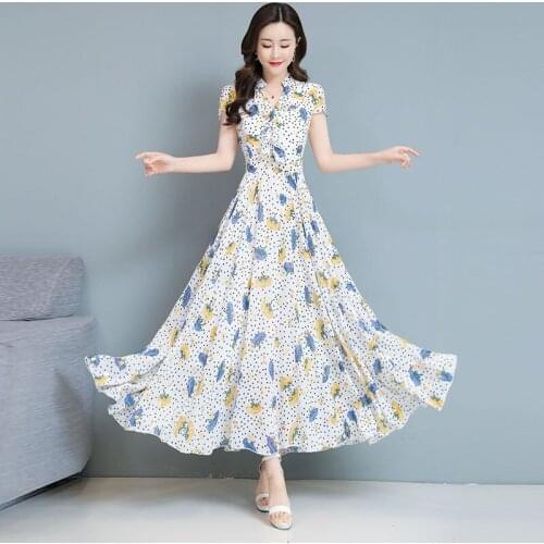 Plus Size 2021 New Summer Women Dresses Casual Short Sleeve Ladies Vintage Chiffon Dress Fashion Slim Printing Beach Dress