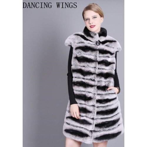 90CM Women Real Rex Rabbit Fur Vest Stand Collar Natural Chinchilla Color Rabbit Fur Waistcoat Sleeveless Jacket