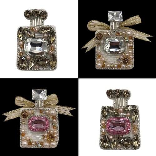 1pc Perfume Bottle With Bow Handmade Beaded Patches for Clothing DIY Sew on Sequin Rhinestone Patch Embroidered Appliques