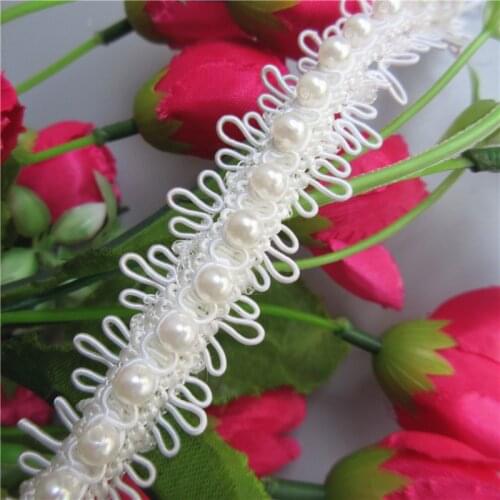 1 yard Ivory White Pearl Beaded Embroidered Lace Trim Ribbon Fabric Handmade Garment Braid Wedding Dress Sewing Craft 2.3cm Wide