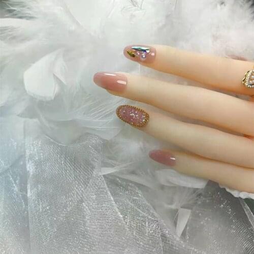 24Pcs/Set Fake Nails Naked Pink Rhinestones Nail Art Removable Long Paragraph Fashion Manicure Fully Covered Nail Decoration