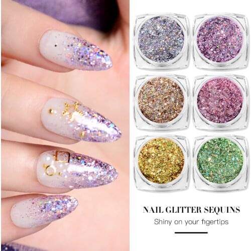 MEET ACROSS 6Pcs Glitter Nail Sequins Set Holographic Powder Shining 3D Colorful Sequins DIY Nail Art Decoration