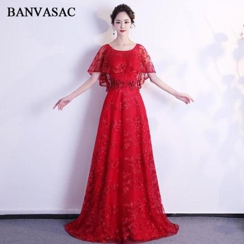 BANVASAC 2018 Crystal O Neck Lace Appliques A Line Long Evening Dresses Party Flowers Short Sleeve Sweep Train Prom Gowns