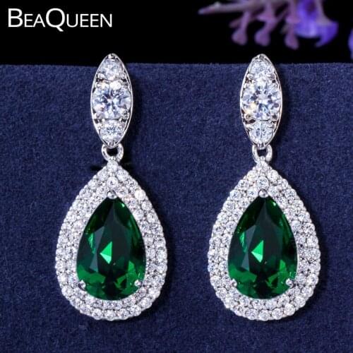 BeaQueen Classic Big Water Drop Green Cubic Zircon Crystal Women Hanging Earrings Wedding Party Jewelry Accessories E261