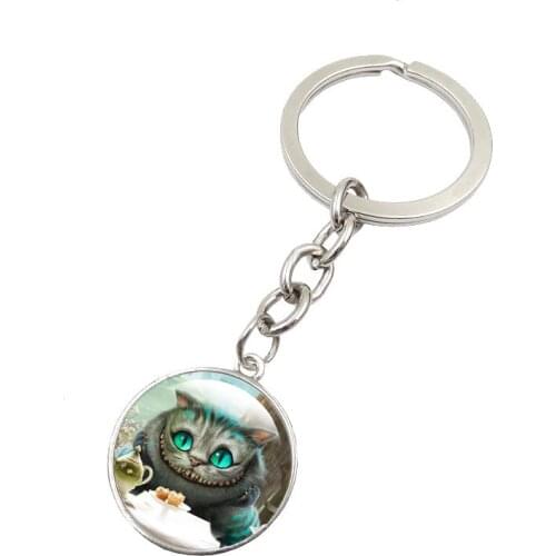 Cheshire Cat Keychain Art Glass Round Dome Pendant Key Chain Alice In Wonderland Key Ring New 2016 Women Men Gift sleutelhanger