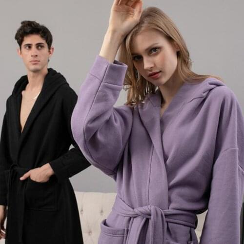 Couple Winter Hooded Long Bathrobe Brushed Cotton Loose Robe Comfortable Nightgown Men Women Large Bath Gown Dressing Gown