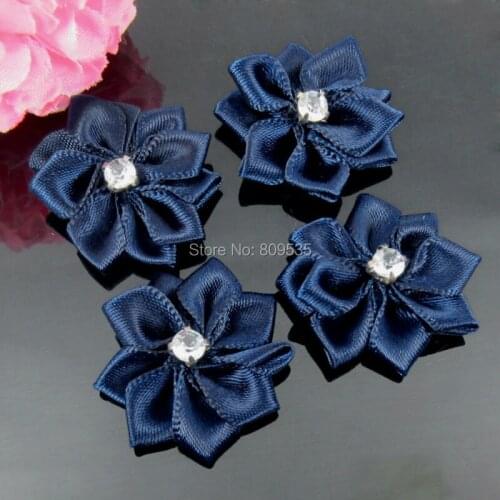 40Pcs Dark Blue Handmade Small Fabric Satin Flowers with Rhinestone Appliques Sewing Wedding Garment Accessories Flowers 2.8cm