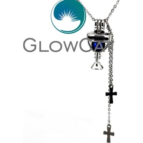 KK613-Cross Tassel Wine Glasses Beads Cage Essential Oil Diffuser Oyster Pearl Locket Pendant Necklace