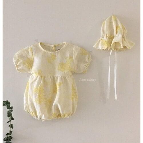 2021 Summer Newborn Baby Girls Cotton Linen Bodysuits Short Sleeve Jumpsuits+Hat 2Pcs Outfits Set Korean Baby Girl Floral Romper