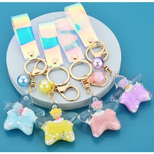 Creative Moving Liquid Quicksand Keychain Five-pointed Star Unicorn Daisy Floating Keyring for Women Charm Bag Pendant Kids Gift