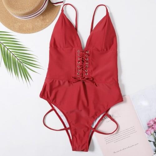 Swimming Suit For Women Fashion Solid Color Bandage Casual Personalized Print Sexy String One-piece Bikini Swimsuit Bathing Suit
