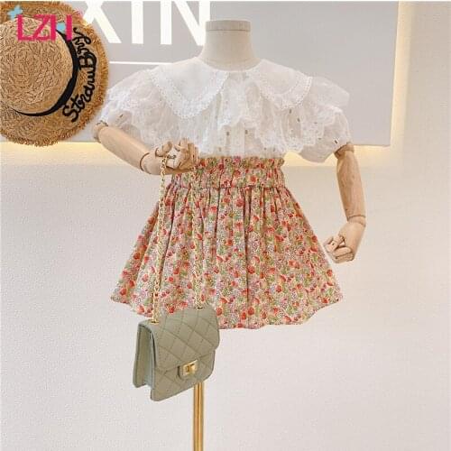 LZH 2021 Summer Lace Lapel Top+Floral Skirt Suit Sweet Princess Suit For Girls Short Sleeve Children Clothes 3-8 Years Kids Sets