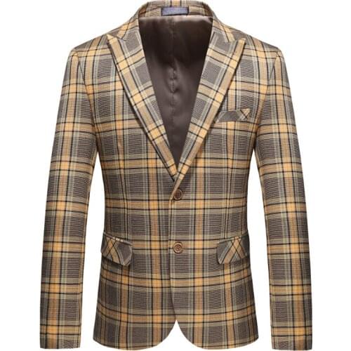 Jacket Men Check Suit Spring Autumn Business Formal Casual Plaid Blazer Yellow Single Breasted 2 Buttons Peak Lapel Daily Life