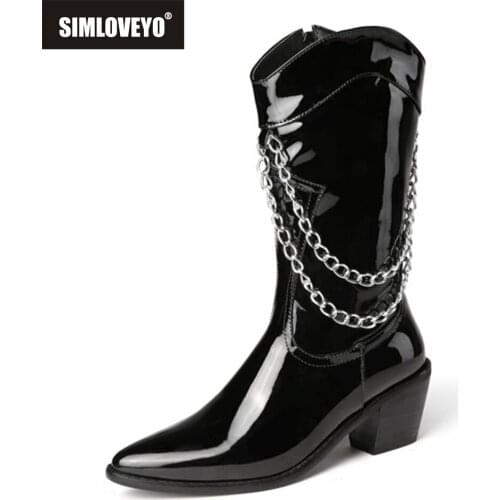 New Shiny Patent Leather Mid-calf Boots Wedge Chunky Heels Zip Western Boots Woman Cowgirl Cowboy Boot Metal Chain 46 S2347