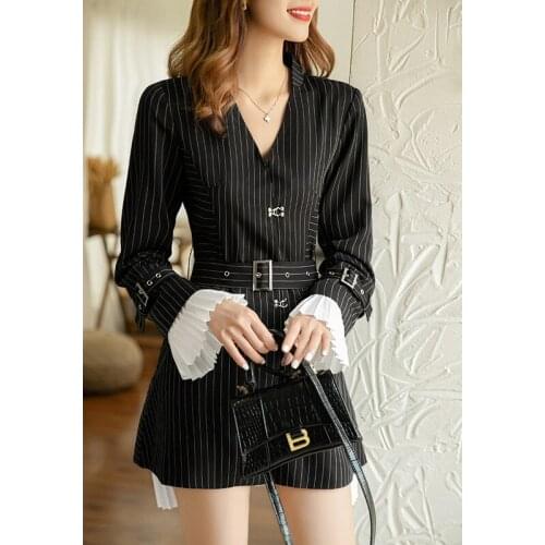 2021 Spring New Fashion Suit Skirt Ladies Temperament Waist Thin Striped Dress Women