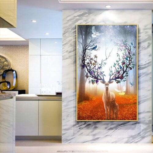 Deer and White Pigeon Animal Painting Colorful Deer Canvas Wall Pictures for Living Room Office Modern Canvas Oil Painting Poste