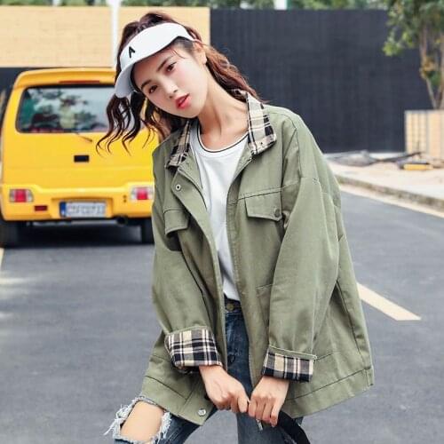 Autumn New Coat Womens Korean-Style Loose Tooling Jacket Harajuku Style Plaid Stitching Stand Collar Baseball Uniform