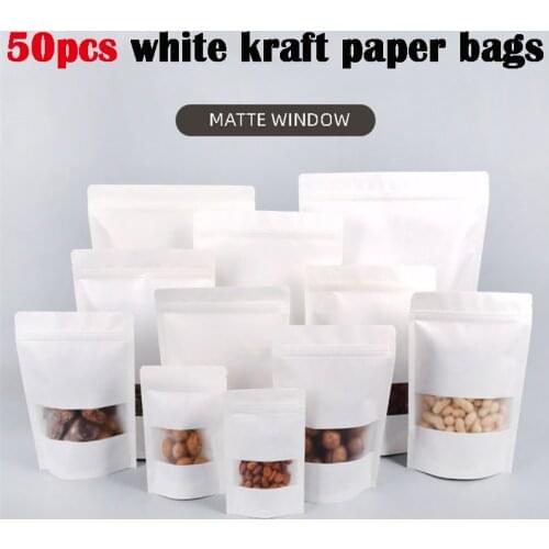 50pcs White Kraft Paper Bag With Window Frosted Zip Lock Food Snack Tea Candy Oil Water Proof Bag Packing Paper Bag