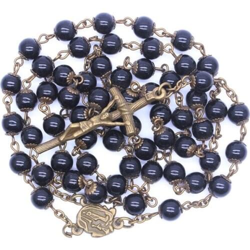 QIGO Black Plastic Rosary Necklace With Cup Antique Bronze Catholic Jewelry