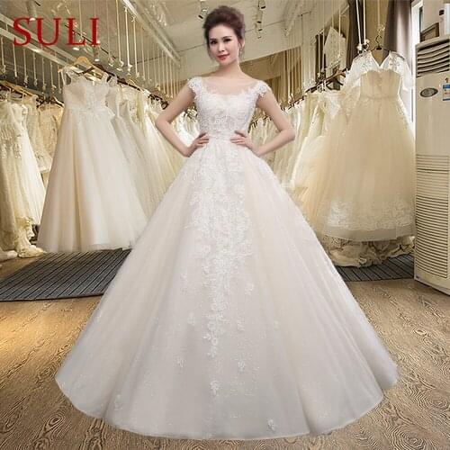 SLD006 Elegant A-Line Scoop Neck Tulle Lace Appliques Wedding Dress