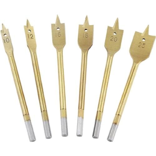 6pcs/Set Titanium Coating Hex Shank Spade Bits Flat Boring Bit Wood Drill Bit Power Tools Hole Saw 10/12/16/18/20/25mm