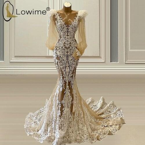 Arabic Style Long Sleeve Champagne Mermaid Evening Dresess Illusion O Neck Feathers Lace Evening Gowns Vestido De Festa