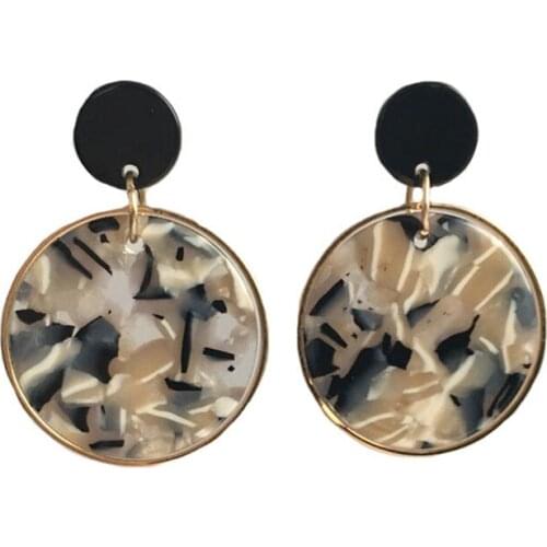Gorgeous Marble Black Cream Round Acete Acrylic Plate Linked Drop Earrings For Women Girl Fashion Office Lady Party Jewelry
