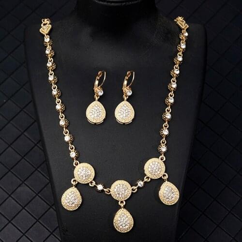 Arabic Handmade Crystal Jewelry Wedding Ladies Gold Headwear Water Drop Jewelry Set Head Chain Earring Two Piece Set
