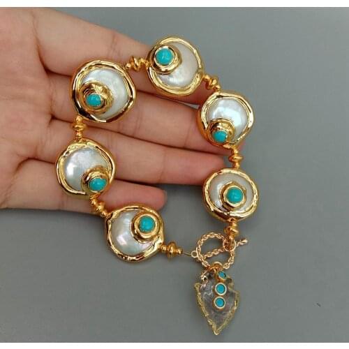 YYGEM Natural White Quartz Arrowhead Charm Freshwater Cultured White Coin Pearl Blue Crystal Bracelet