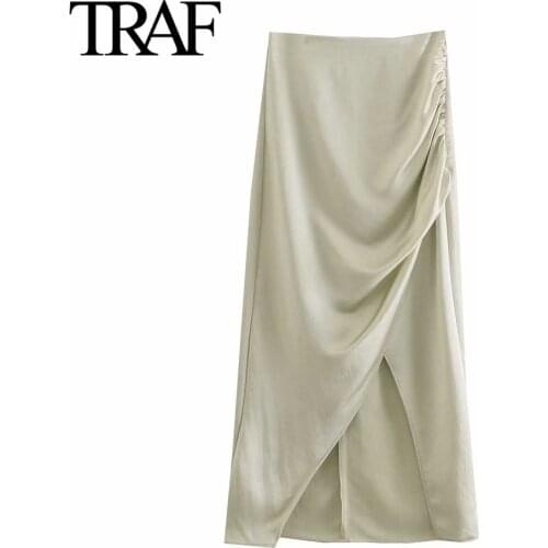 Traf Za Women Clothes High Fashion Satin A-line Skirts Korean Back Zipper Pleated High Waist MIDI Skirt Mujer Faldas