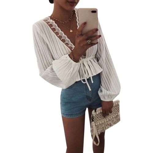 2019 Retro Blouse Women White Boho Office Casual Balloon Long Sleeve V-Neck Tops Sexy Loose ruffles crop Plus Size streetwear