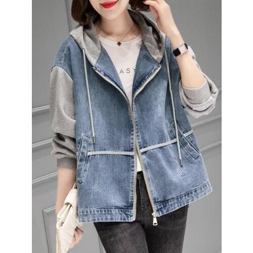 Spring Autumn Hooded Denim Jackets 2021 New Korean Style Patchwork Casual Jean Coat Women Fashion Oversized Loose Outerwear