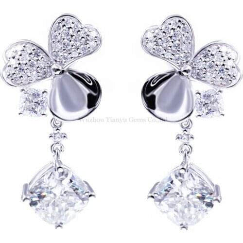 Tianyu Gems Women 925 Silver Drop Earrings 8*8mm Cushion White Moissanite Diamonds Clover Earrings Classic Wedding Jewelry Gifts