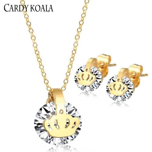 Cardy koala 316L stainless steel woman necklace earring set fashion crown design vacuum gold-plated jewelry