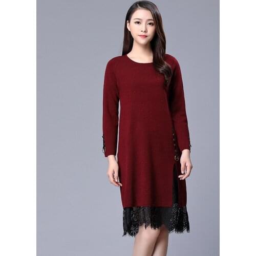 New Brand Sex Hollow Out Lace Pacthwork Wool Sweater Women Split Side Lady Black Red Dress Sweaters Hot Sale LX1953