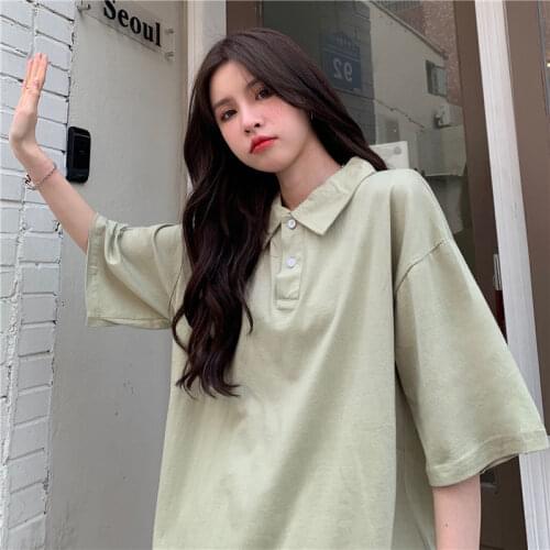 Hong Kong Style Top Womens Polo Short Sleeve Summer Loose Thin BF Style Lapel T-shirt 2021 New Fashion