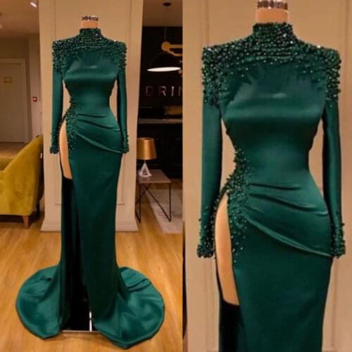 Платье Green Beaded Evening Dresses Long 2021 High Neck Mermaid Elegant Sexy Formal Dresses High Slit Plus Size Prom Gown