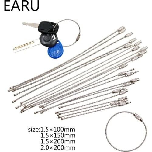 10Pcs 1.5/2mm EDC Keychain Tag Rope Stainless Steel Wire Cable Loop Screw Lock Gadget Ring Key Keyring Circle Camp Hanging Tool