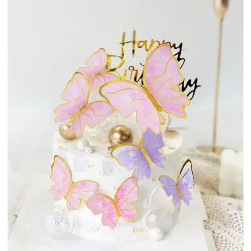 10pcs Pink Purple Butterflies Cake Topper Happy Birthday Buttery Cake Decoration for Wedding Party Baby Shower Dessert Supplies