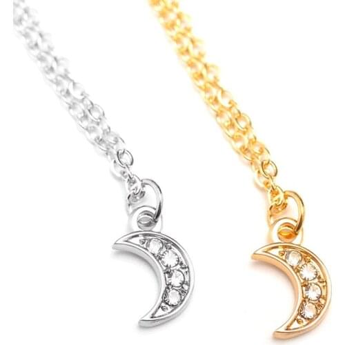 12 piece/lot Jewelry Necklace Simple Gold Silver Color Crescent Charm Moon Crystal Pendant Necklaces For Women Link Chain Choker