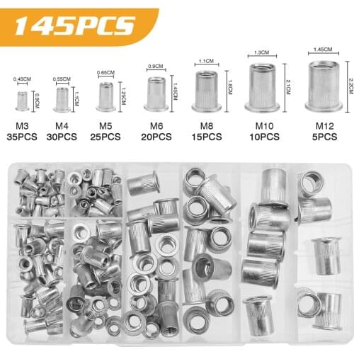 145pcs Aluminum Rivetnuts Blind Set Nutserts Threaded Insert Nutsert Cap Flat Head Rivet Nuts Carbon Steel M3-M12